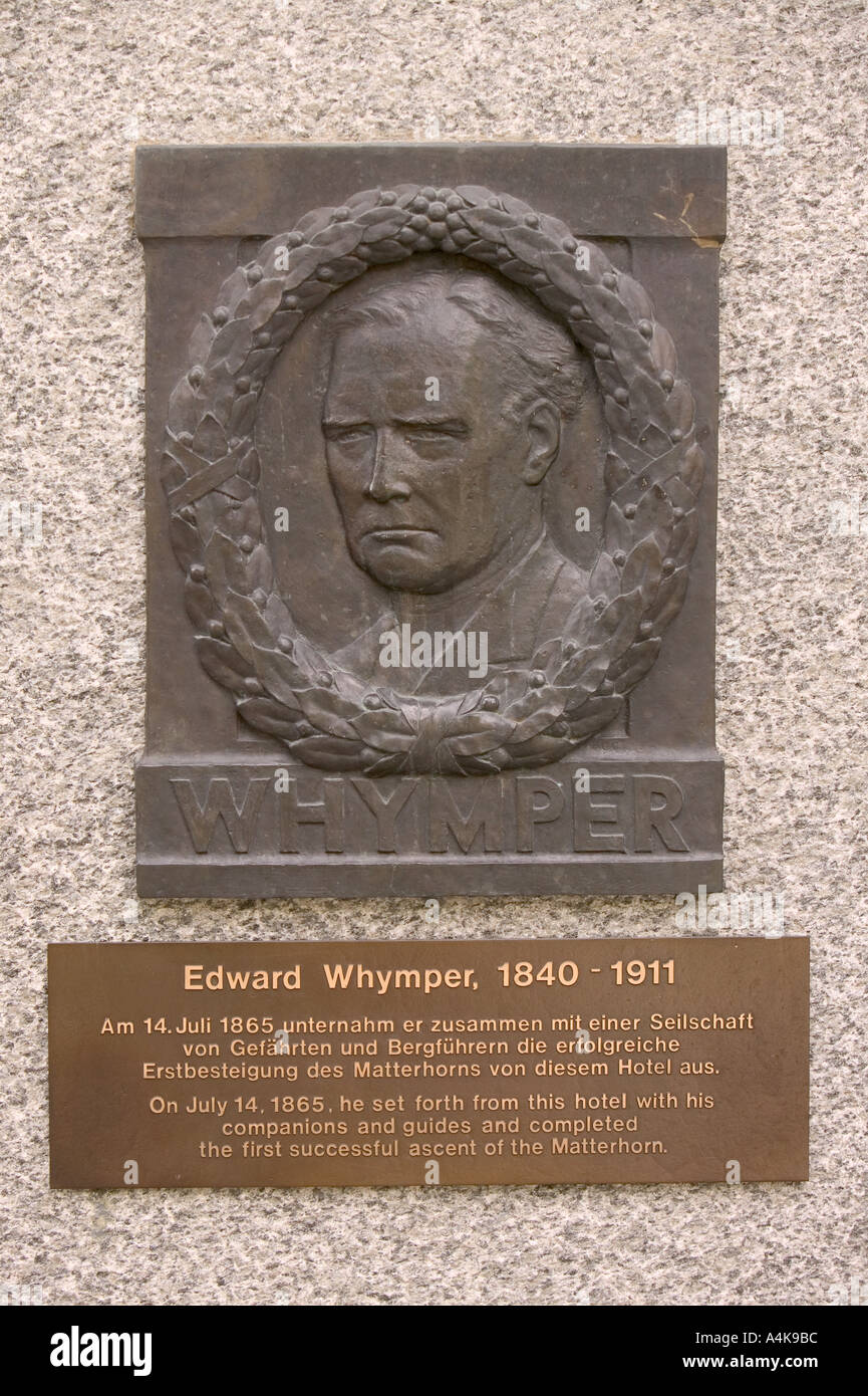 Placca di Edward Whymper il primo uomo a scalare il Cervino in Zermatt Foto Stock