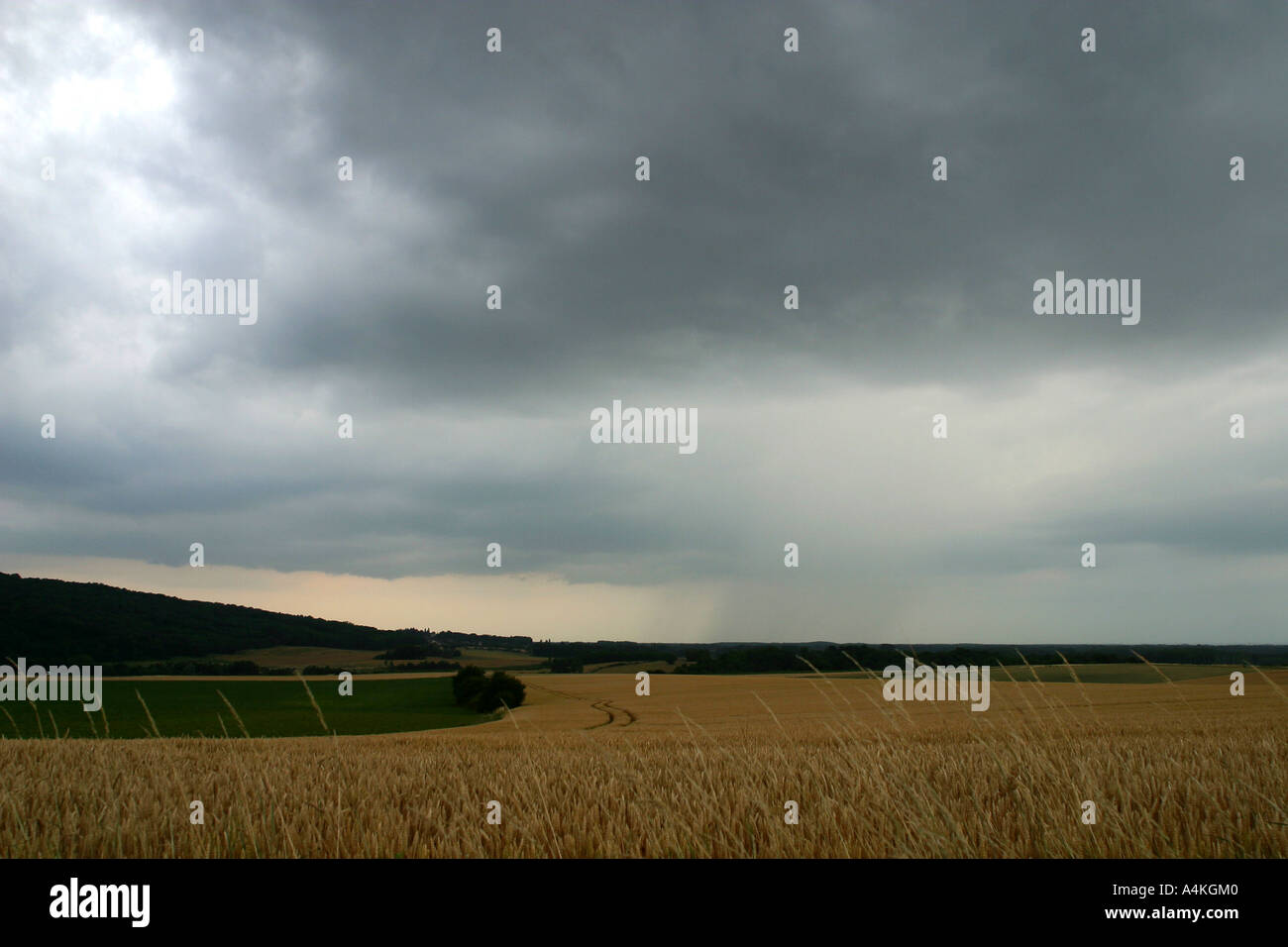 Francia, Giura, dark sky oltre il paesaggio rurale Foto Stock