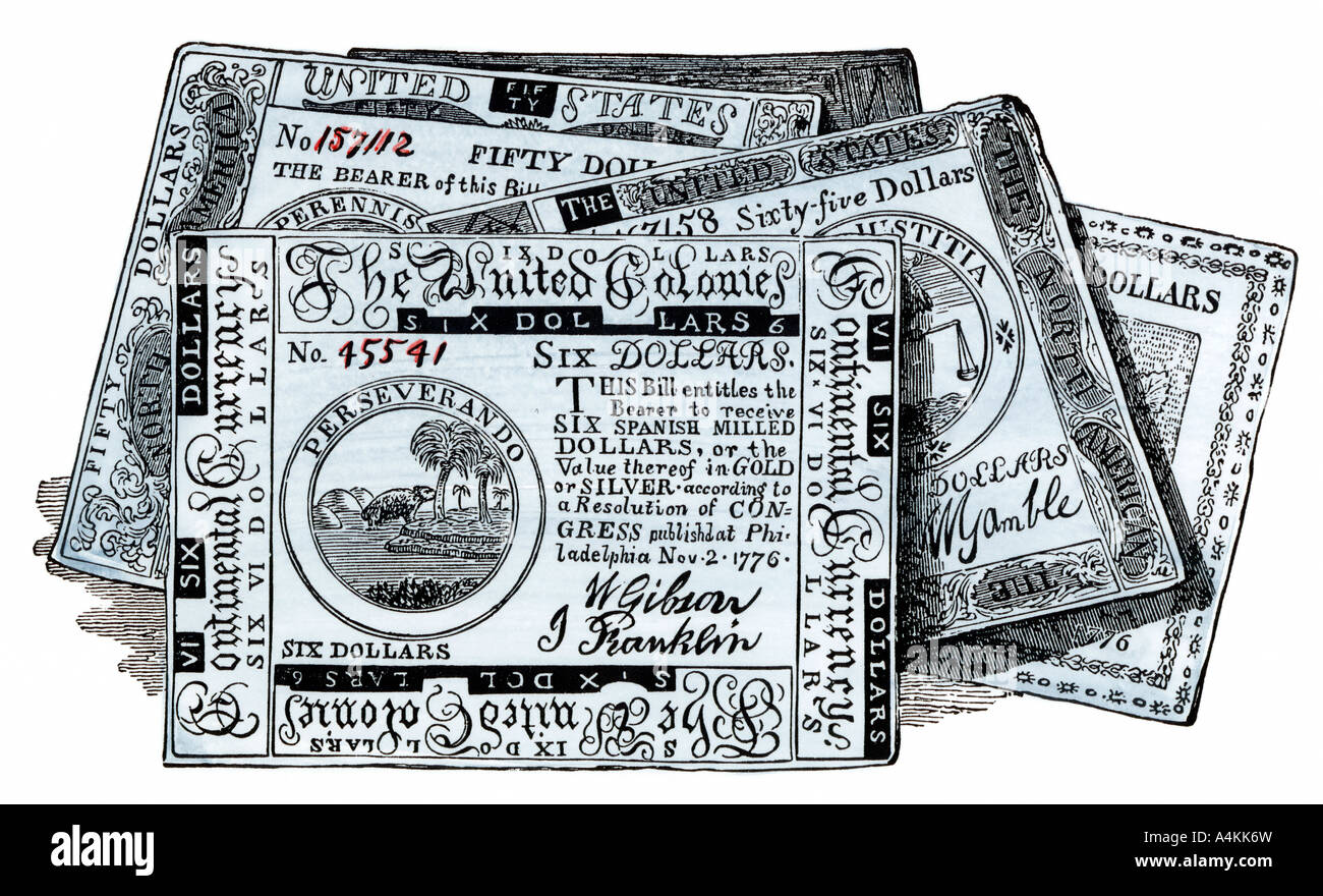 Bollette continentale americano valuta della carta durante la guerra rivoluzionaria. Colorate a mano la xilografia Foto Stock