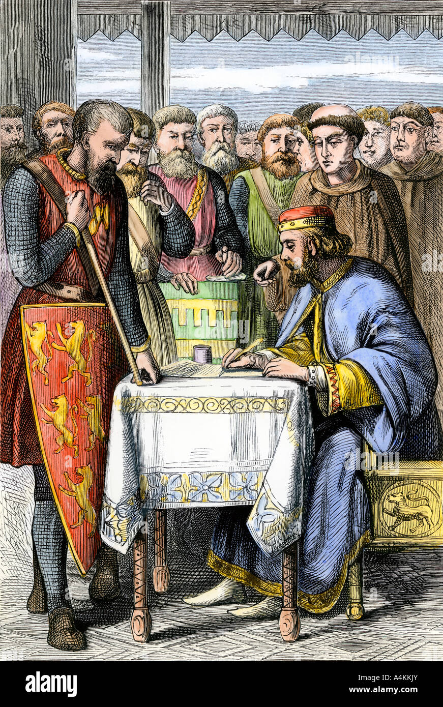 Il re Giovanni costretto dai baroni di inglese di avallare la Magna Carta 1215. Colorate a mano la xilografia Foto Stock