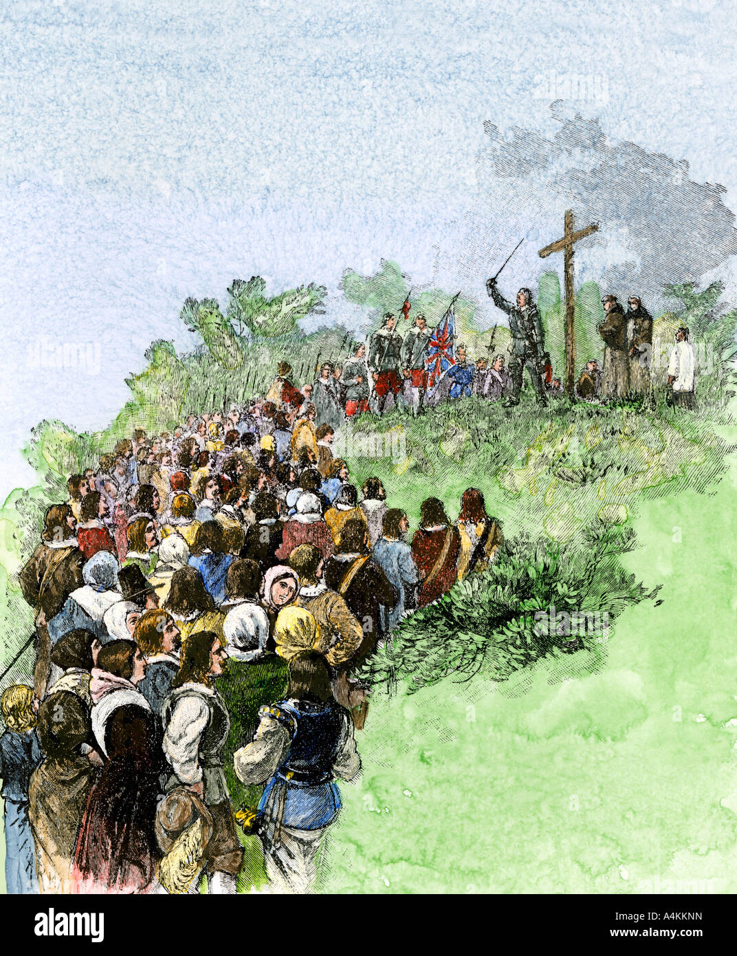 Leonard Calvert piantare una croce per contrassegnare il primo insediamento della colonia di Maryland 1634. Colorate a mano la xilografia Foto Stock