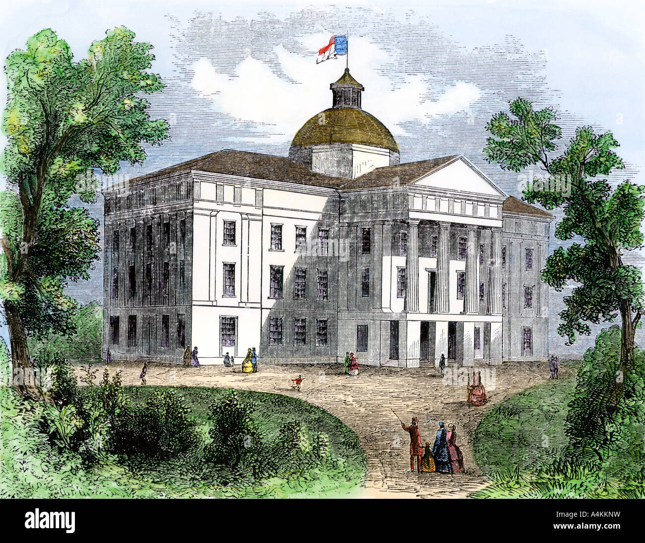North Carolina State Capitol a Raleigh nel 1850s. Colorate a mano la xilografia Foto Stock