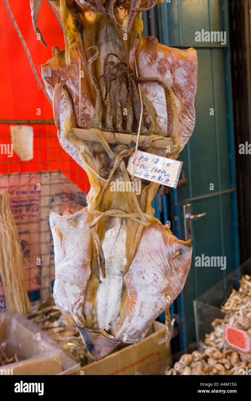 Calamaro asciugato appeso al di fuori di un negozio di alimentari a Malacca Foto Stock