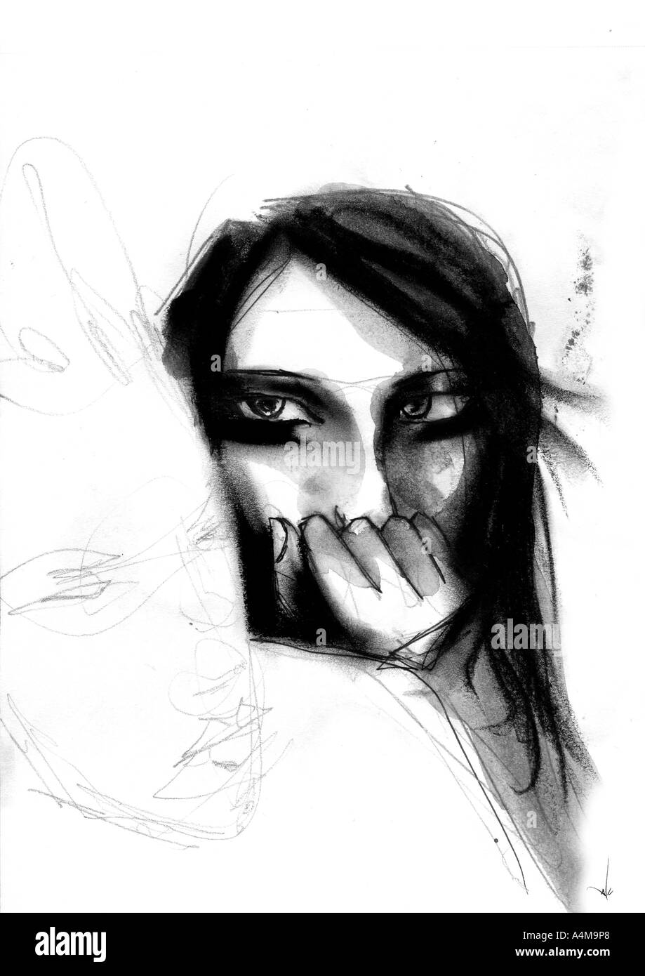 Donna con la mano sulla bocca Foto Stock