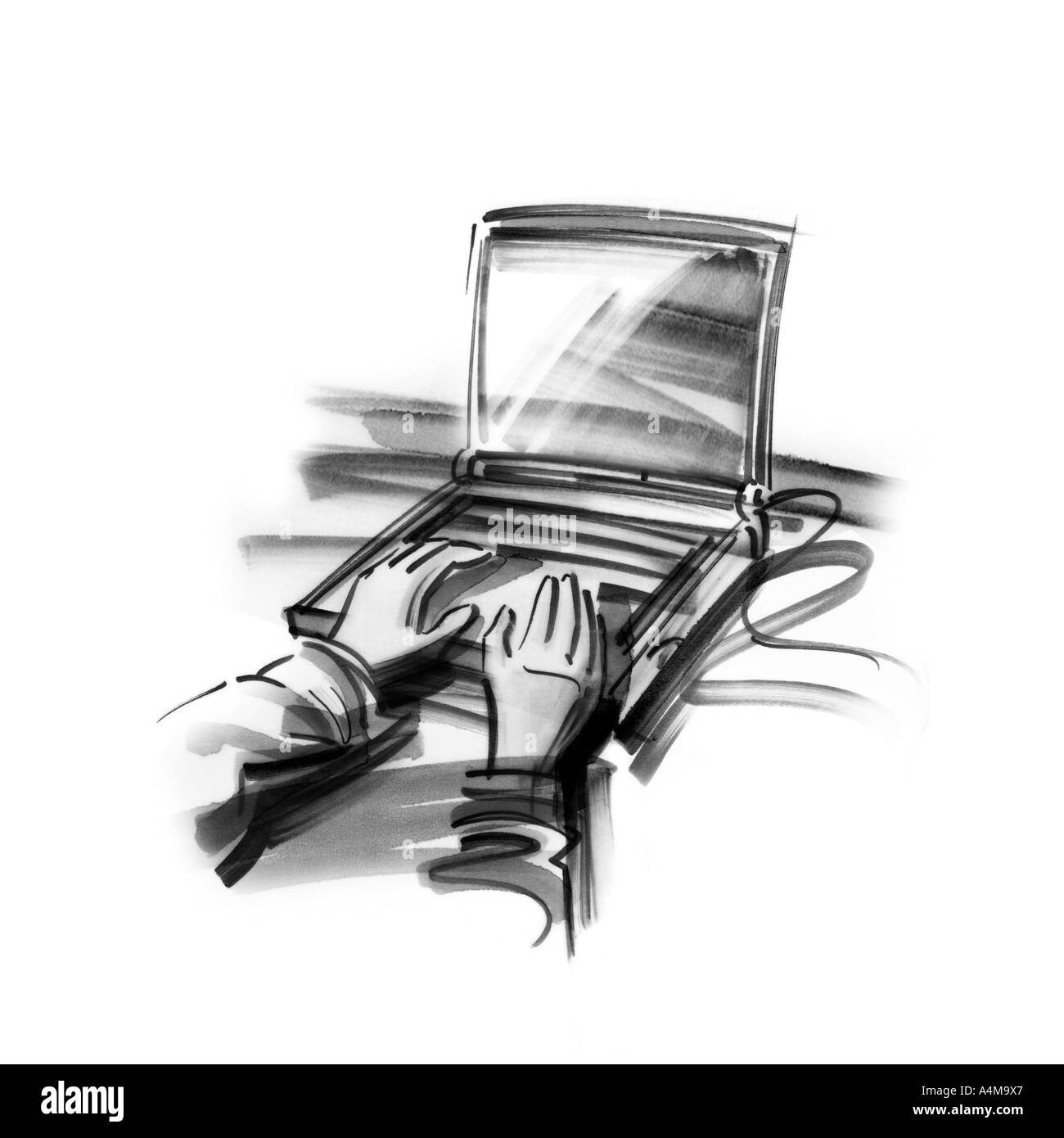 Mani con laptop Foto Stock