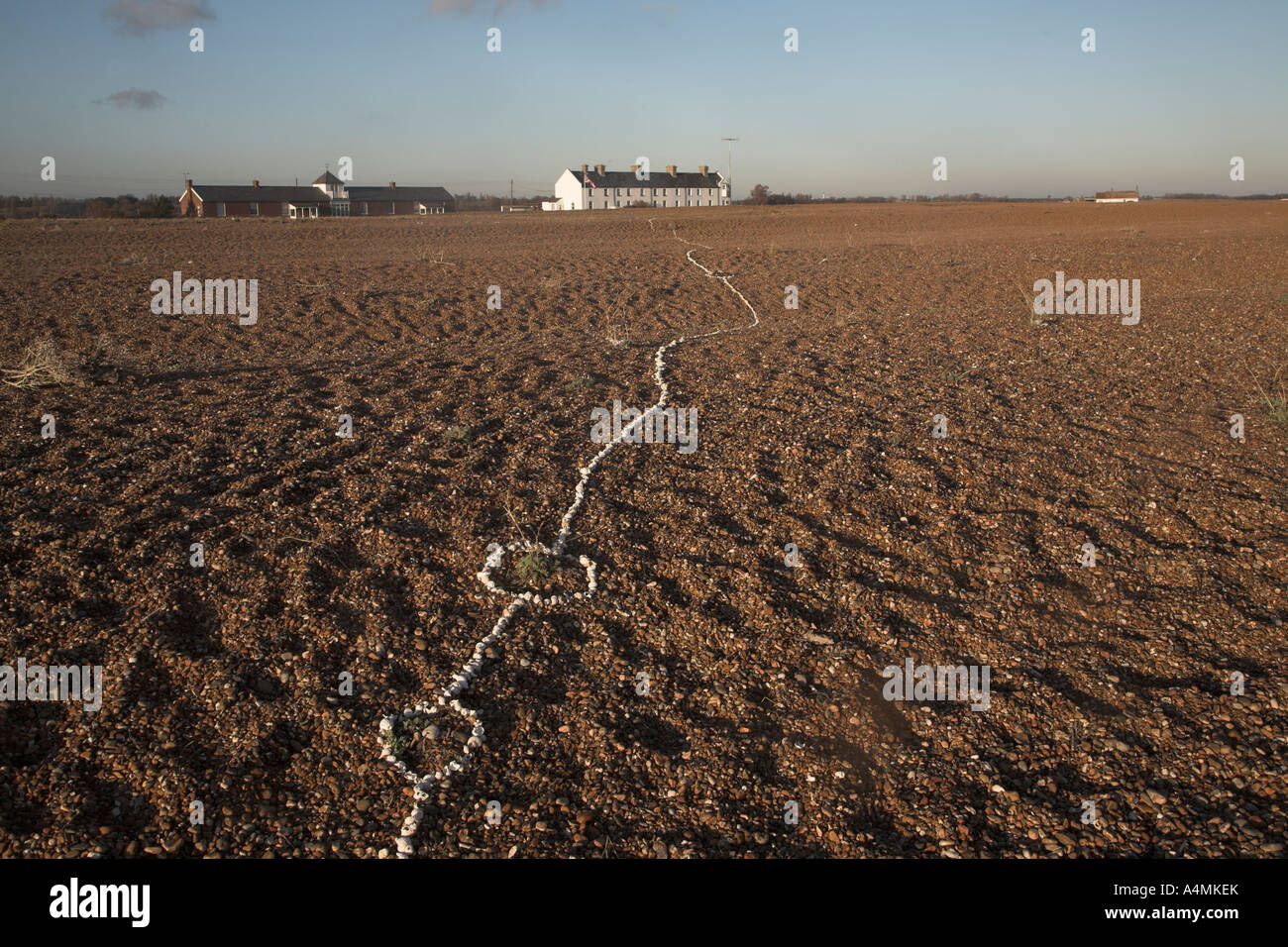 Una linea di conchiglie bianche che attraversa la spiaggia di ciottoli in lontananza verso edifici, strada di ciottoli, Suffolk, Inghilterra Foto Stock