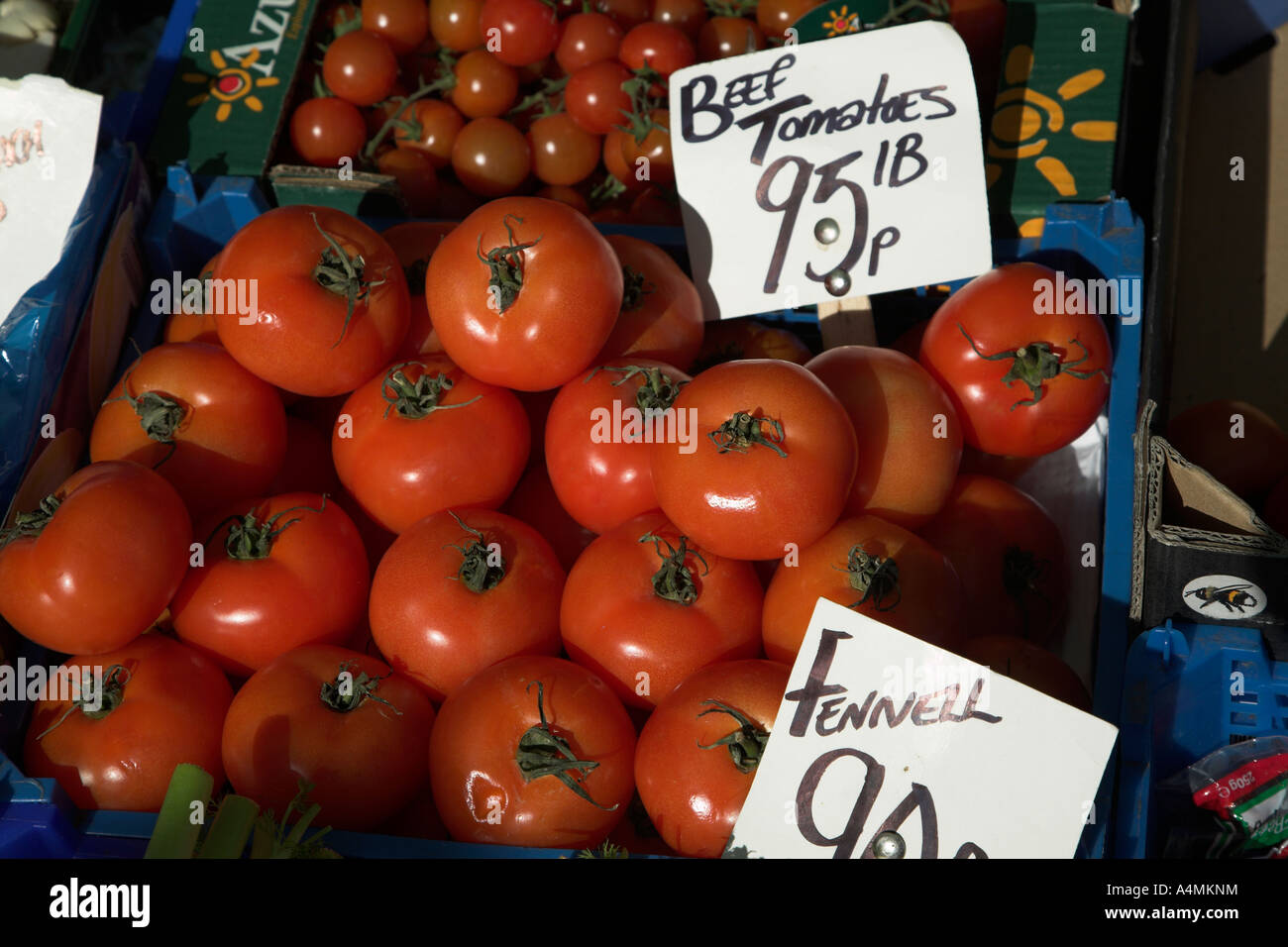 Carni bovine i pomodori sul prezzo di vendita utilizzando UK Imperial libbre Foto Stock