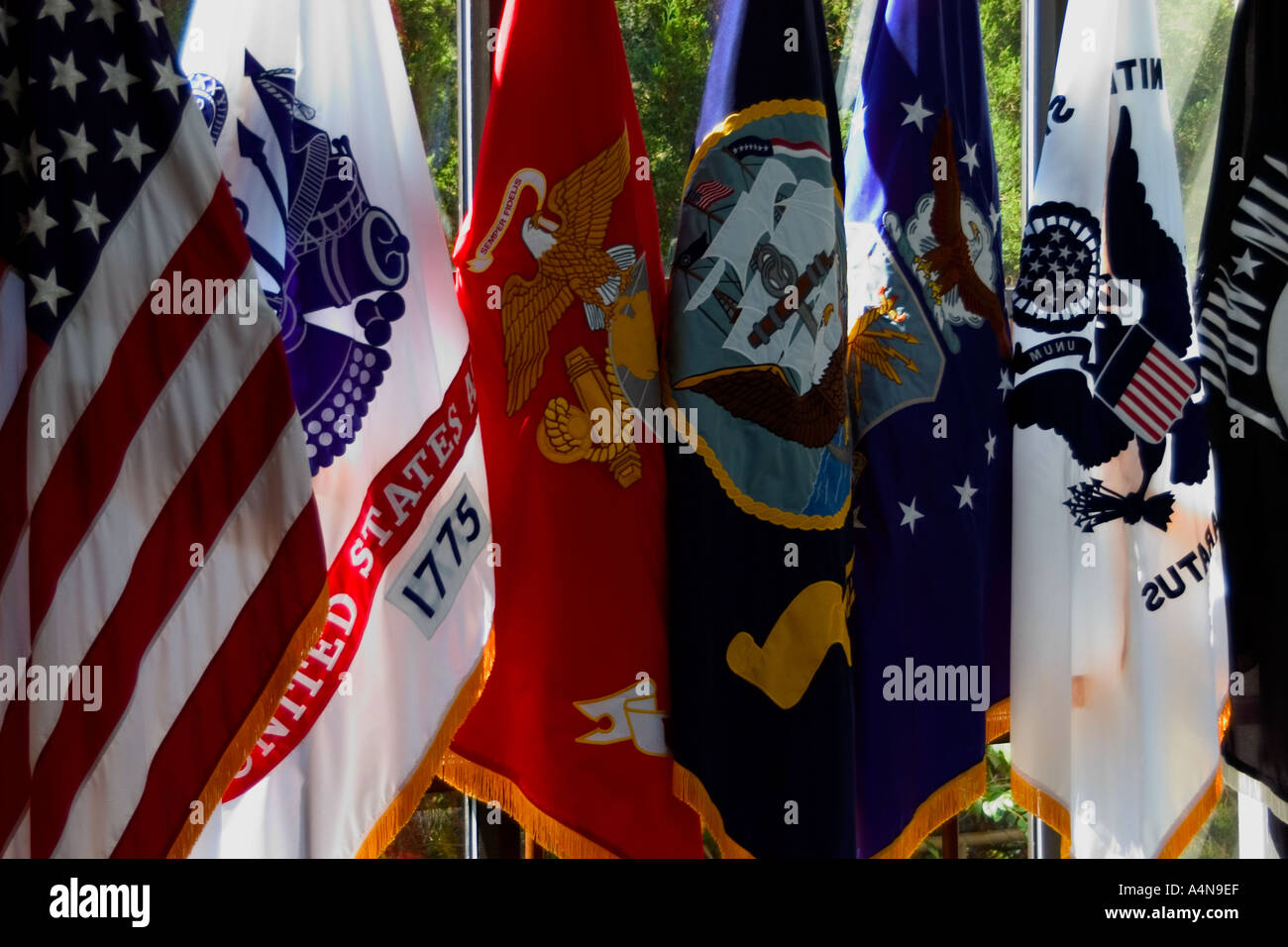 Le bandiere dei principali rami militari lungo con la bandiera americana presso il Cimitero Nazionale di Arlington Foto Stock