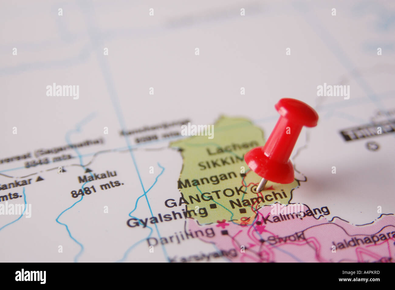 ANG77833 Mappa dell'India spotted Gangtok capitale del Sikkim da color rosso pin della scheda Foto Stock