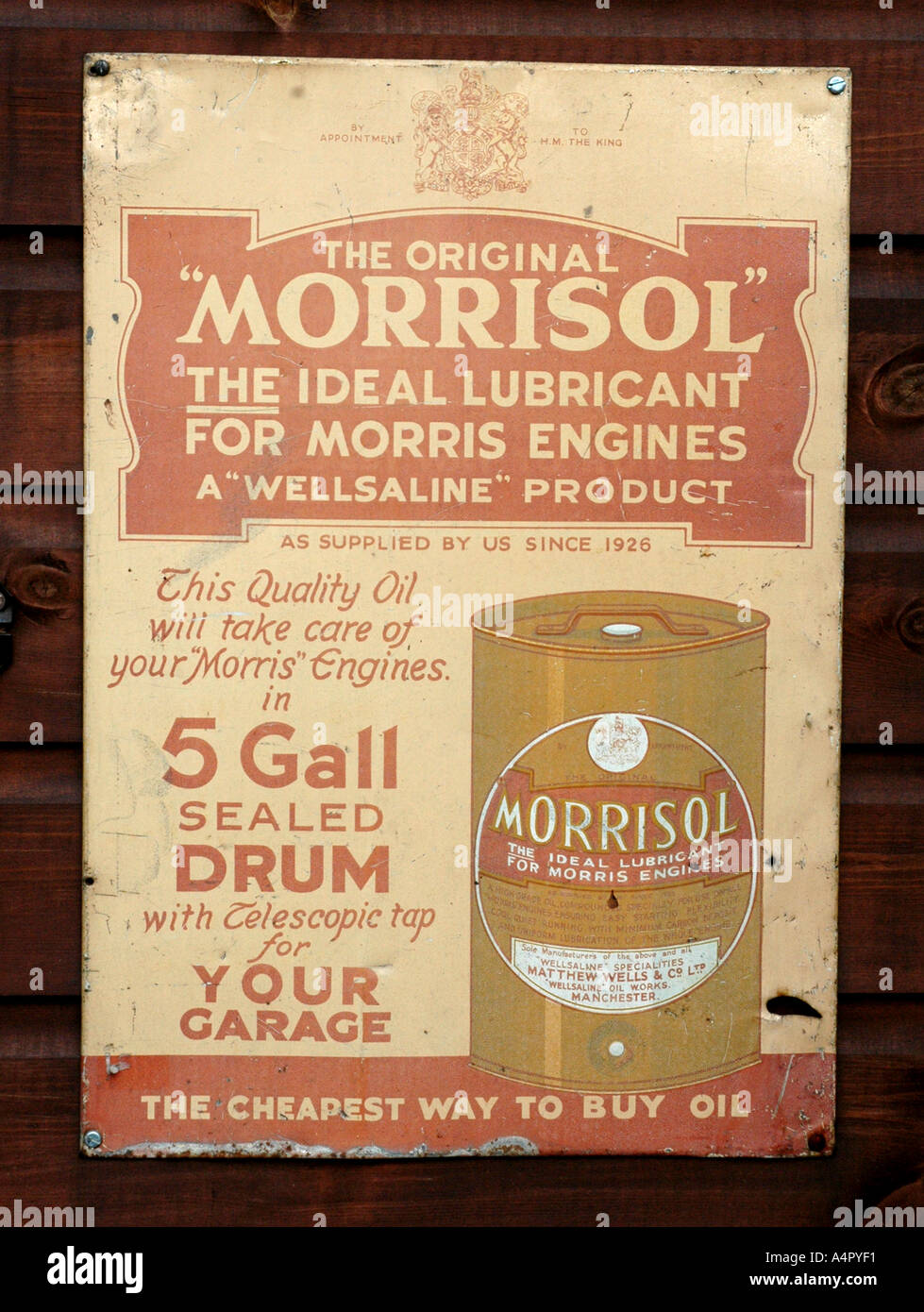 L'originale Morrisol firmare il lubrificante ideale per motori Morris un prodotto Wellsaline Foto Stock