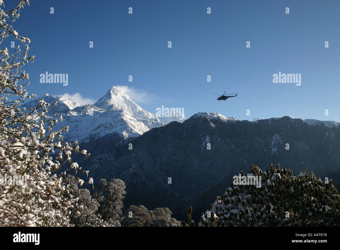 Un elicottero vola attraverso il nepalese himalayan catena Hannapurna Foto Stock