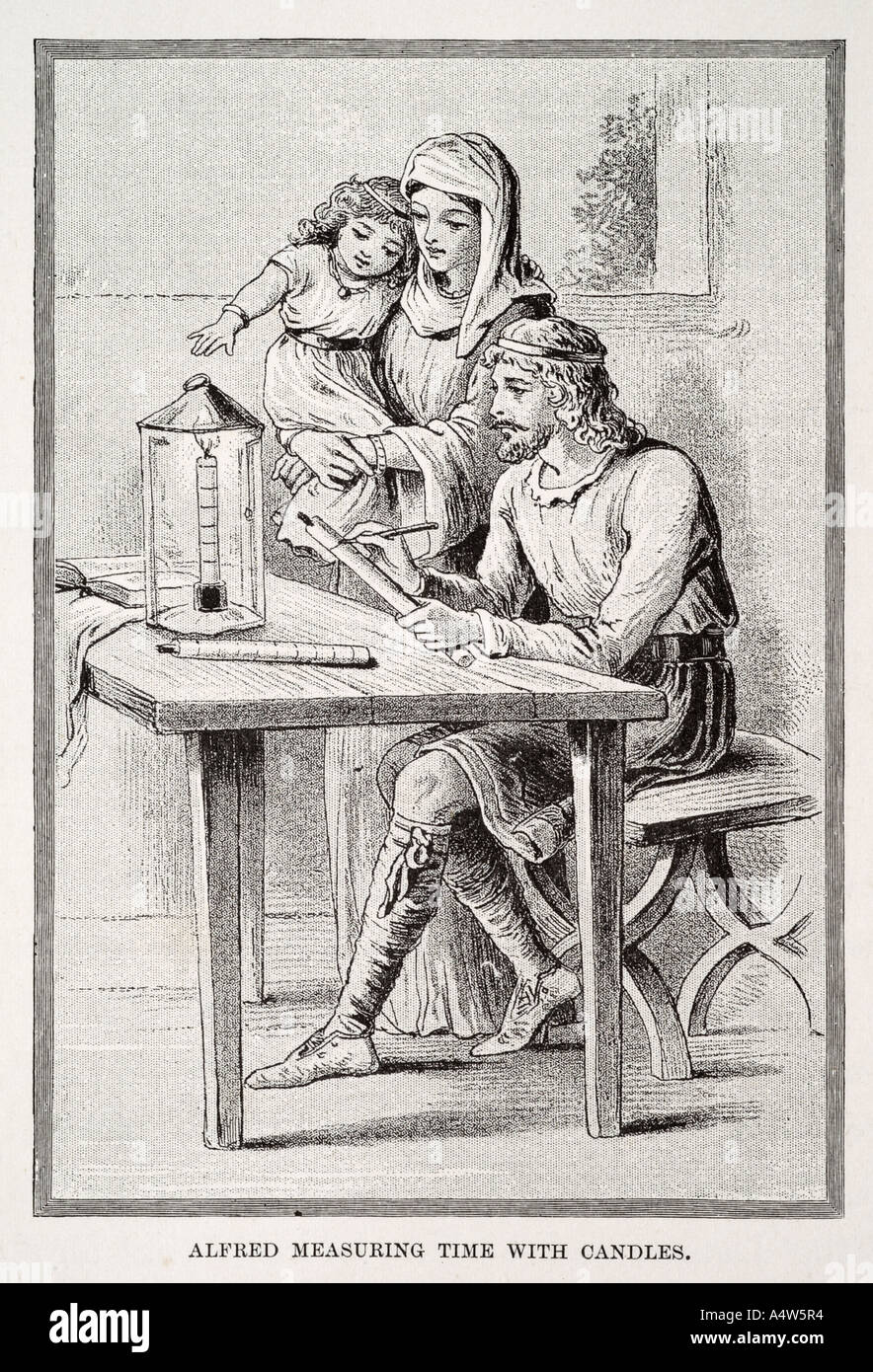 King Alfred studente scienziato anglo-Saxon corte donna bambino royal monarch Inghilterra inglese regal esperimento spia candela di cera tabl Foto Stock