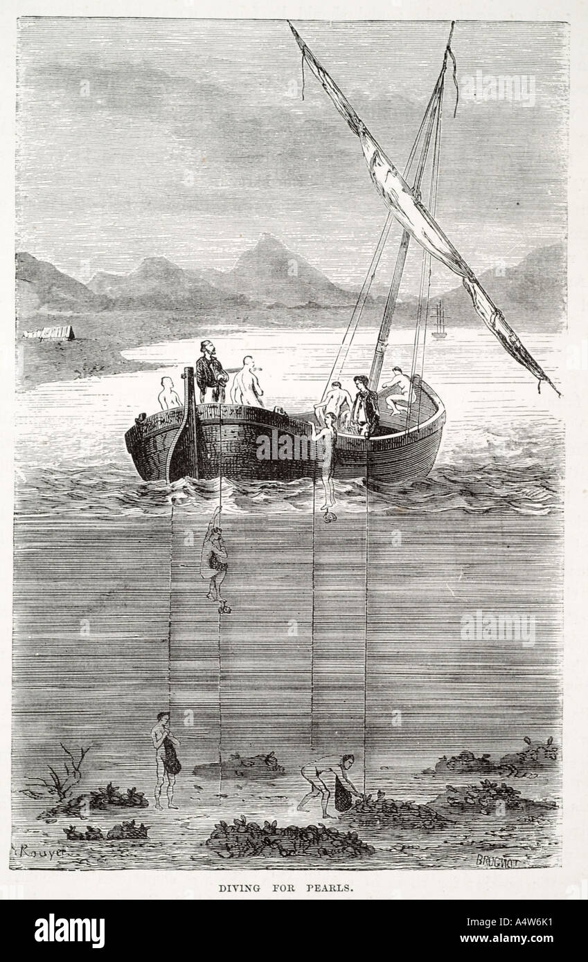 Dive raccogliere nuotare galleggiante oyster pearl barca vela sezione trasversale sulla costa della baia costiera cordone prezioso raccolto in corda trade commerce marine Foto Stock