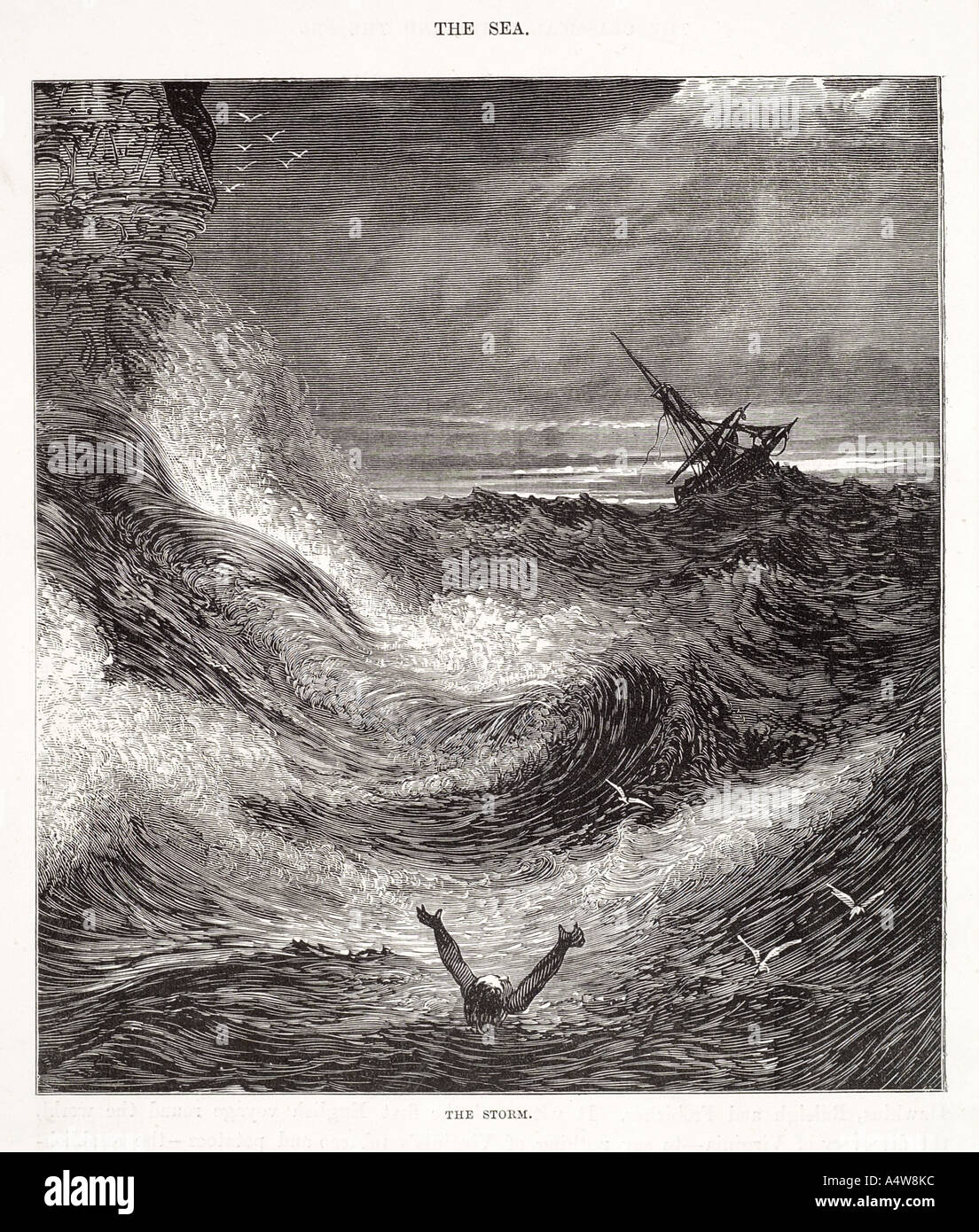 Tempesta sulla costa del mare annegare die pericolo di roccia perduti wave rock crash schiuma acqua vento di mare barca vela elenco marea ruvida gale bird gull blow nau Foto Stock