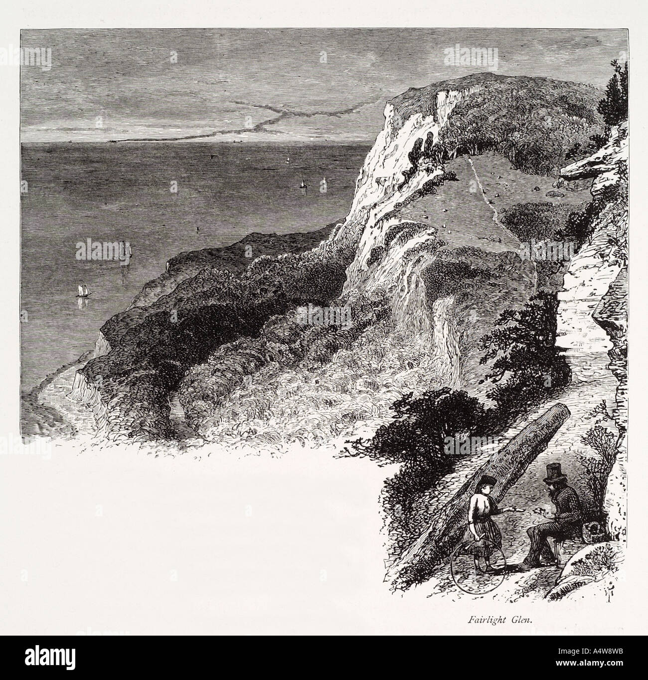 Fairlight glen sussex south coast cliff cerchio bianco percorso bastone legno di mare shore acqua marina England Regno Unito Regno Unito GB grande BRI Foto Stock