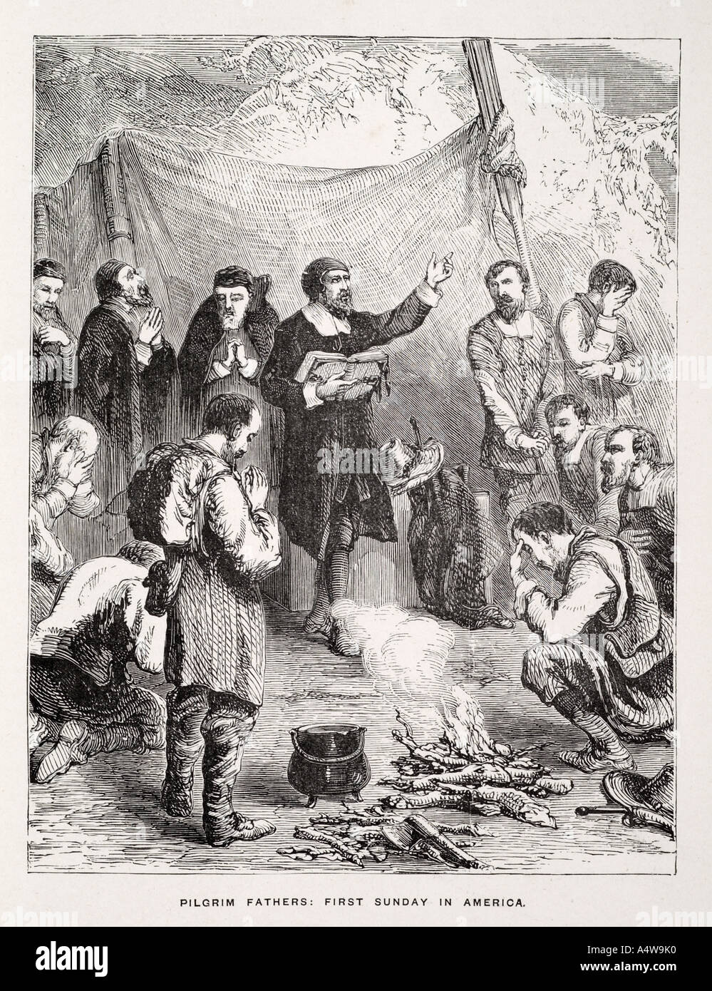 Padre Pellegrino prima domenica America coloni mayflower 1620 evento Plymouth usa sacerdote uomini donne bambini fondatori prima pregare tha Foto Stock