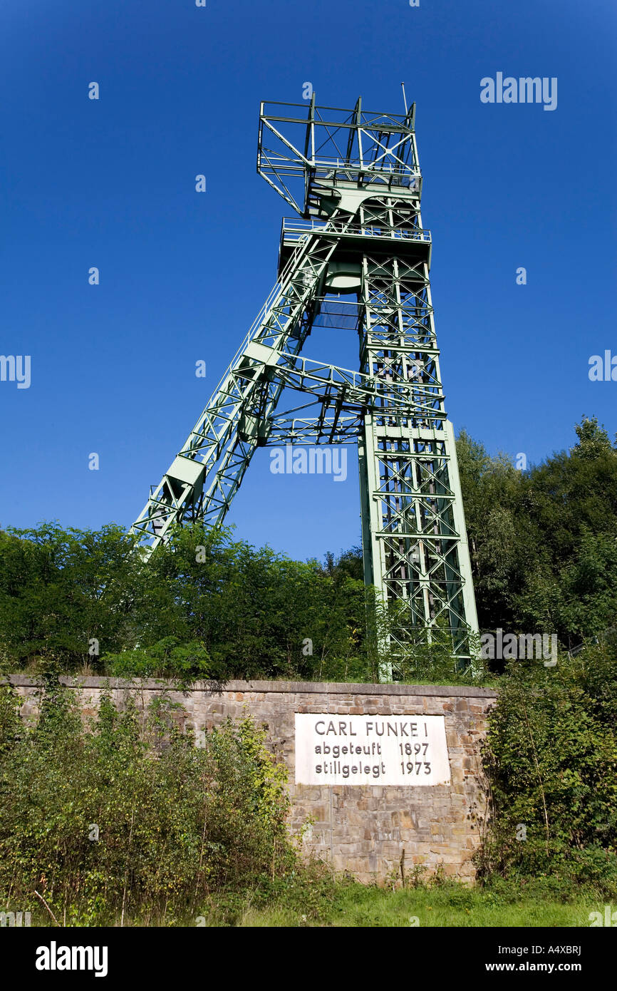 Pit carl funke i, monumento industriale presso la frontiera settentrionale oft il mare baldeney, Essen, NRW, Germania Foto Stock