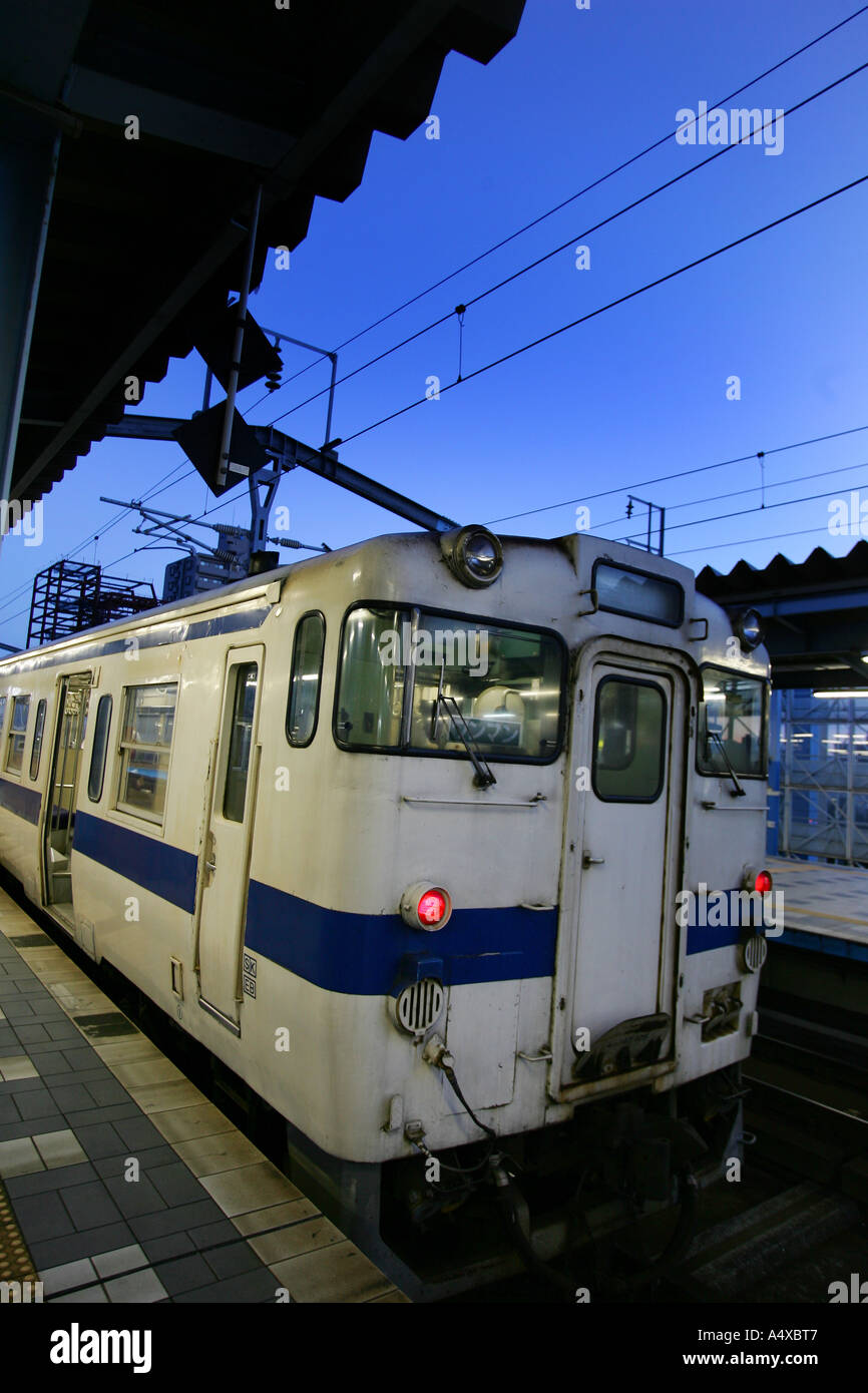 Un treno JR sulla piattaforma Aoshima stazione ferroviaria, Miyazaki, Isola di Kyushu, Giappone Foto Stock