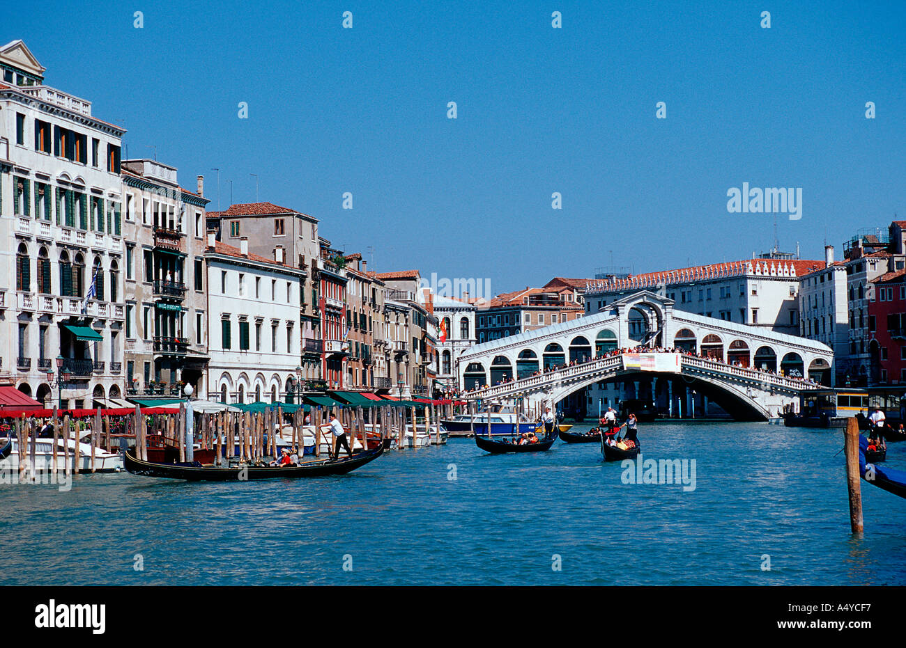 Gondola sul Canal Grande ponte di Rialto Venezia Italia Foto Stock