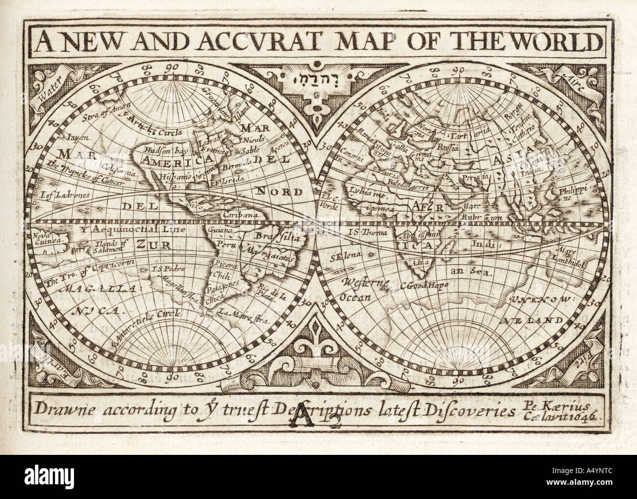 Antica mappa del mondo di Petrus Kaerius 1646 da Giovanni prospettiva di velocità delle più famose parti del mondo 1675 JMH0981 Foto Stock