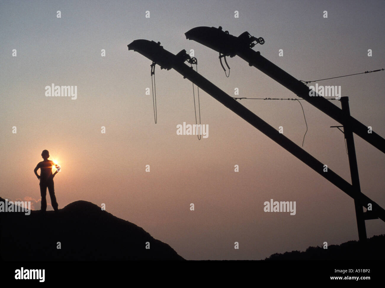 Silhouette di un uomo in piedi su un mucchio di trucioli di legno al mulino Foto Stock