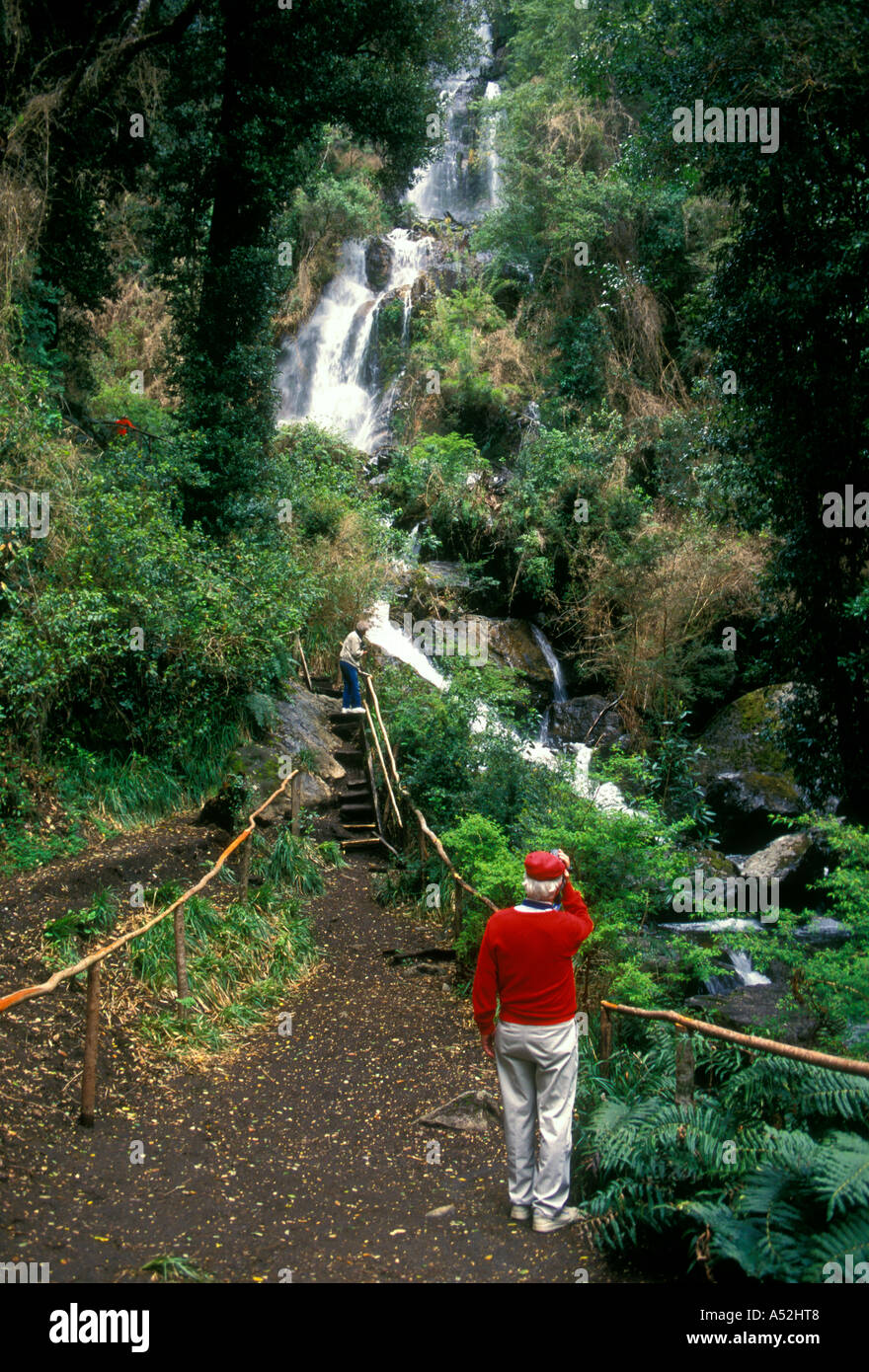 Tourist, Velo de la Novia, Brides velo cascata, parco nazionale di Vicente Perez Rosales, montagne delle Ande, Lake District, Cile Foto Stock