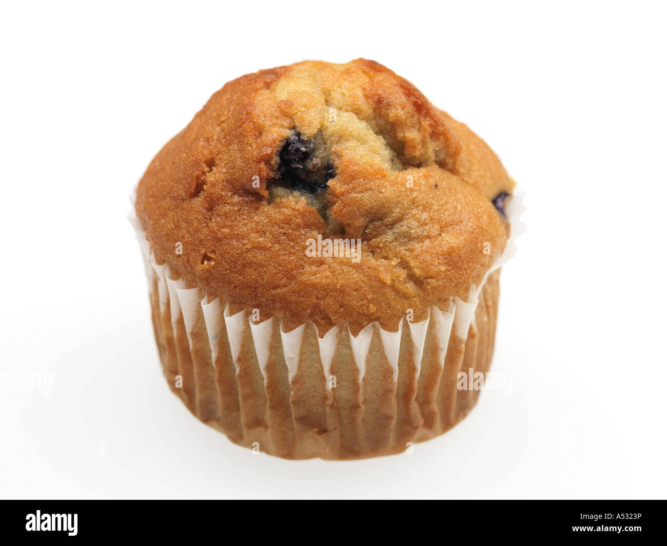 Pane appena sfornato singoli muffin ai mirtilli torte isolata contro uno sfondo bianco con nessun popolo e un tracciato di ritaglio Foto Stock