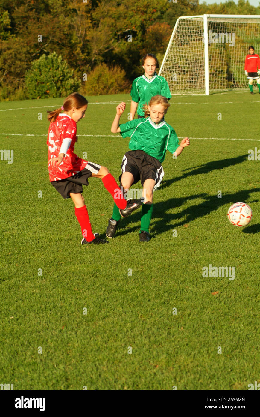 Junior gamma middle school ragazze giocare a calcio su un parco di calcio campo Foto Stock