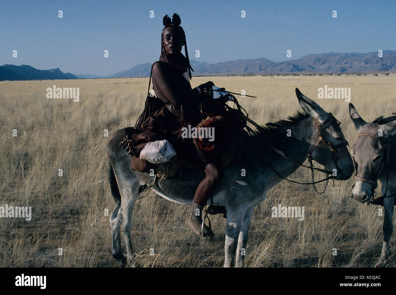 Himba donne nomadi nel tradizionale abbigliamento in pelle attraversando il Marienfluss su donkey in Kaokoland Namibia settentrionale Foto Stock