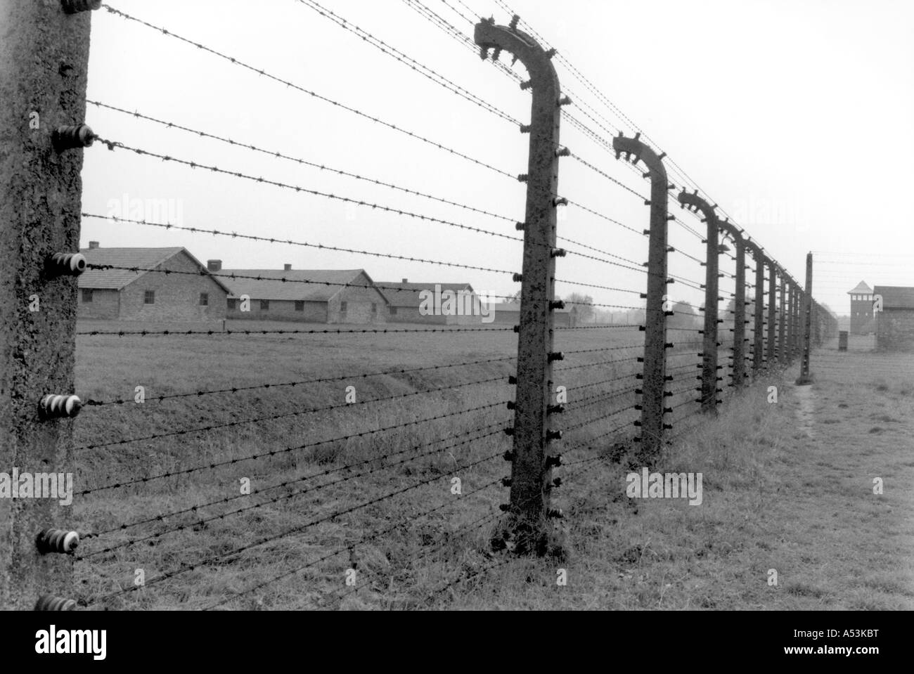 Painet ha1242 018 in bianco e nero la guerra recinzioni campo di concentramento di Auschwitz Polonia paese nazione in via di sviluppo meno economicamente Foto Stock