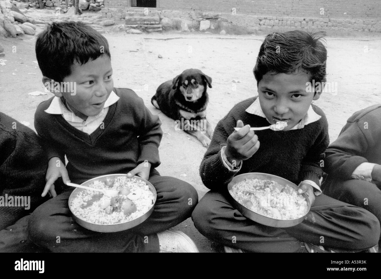 Painet ha1763 353 in bianco e nero di cibo per i rifugiati tibetani ragazzi di mangiare il pranzo himachel pradesh india paese nazione in via di sviluppo Foto Stock
