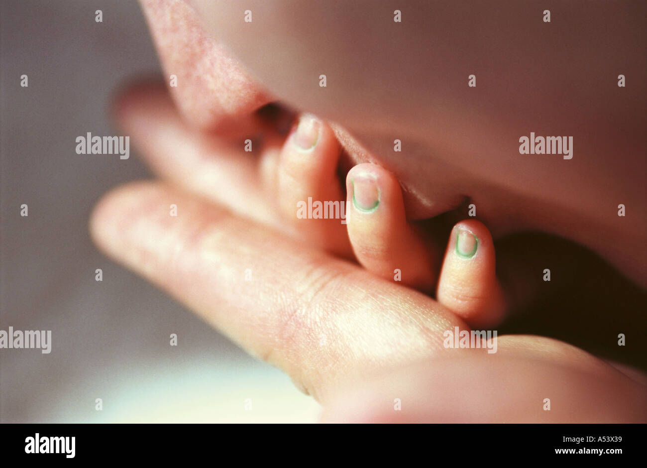 Madre teneramente baci tiny dita del suo 6 giorni baby Russia Foto Stock