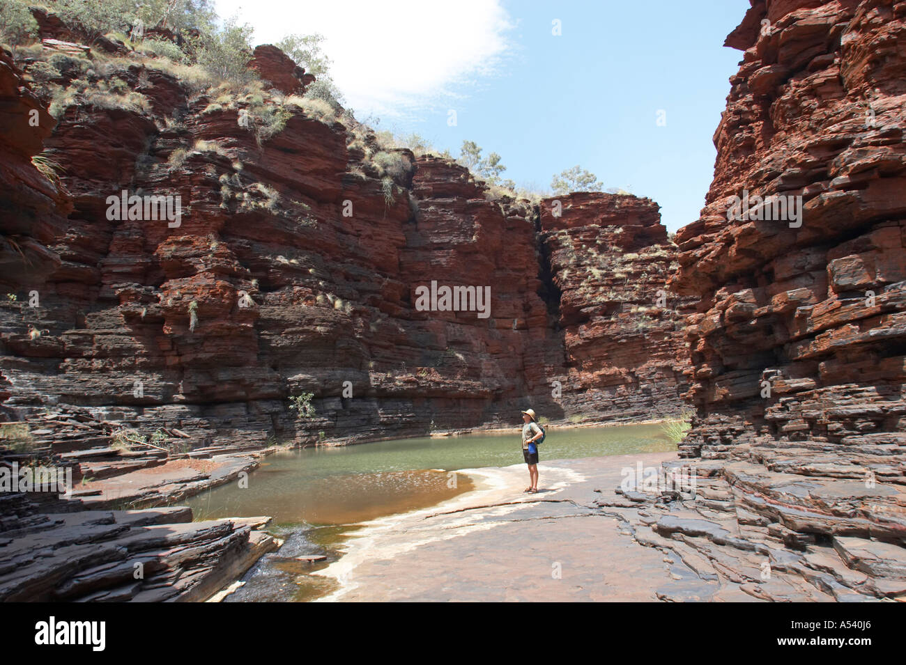 L'uomo escursioni nella gola Kalamina Karijini National Park Pilbara regione Western Australia WA Foto Stock