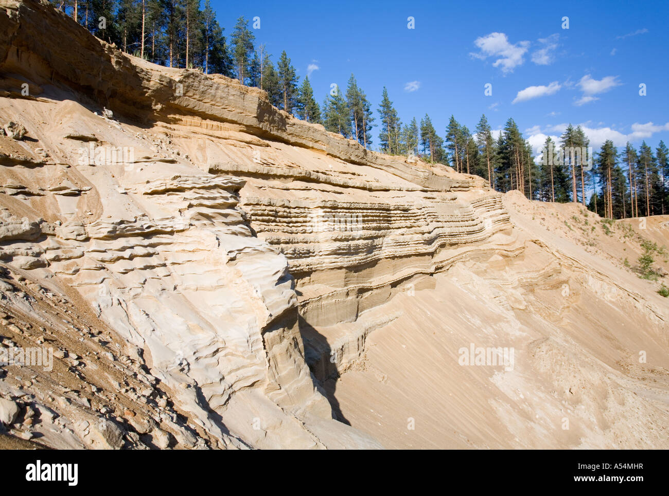 Erosione del suolo su una cresta sabbiosa , Glacial esker , Finlandia Foto Stock