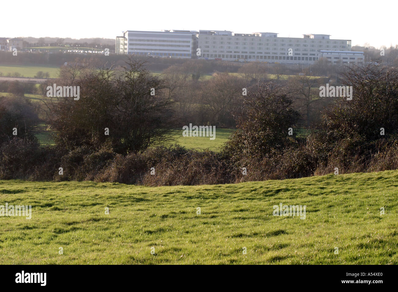 Swindon del grande ospedale occidentale vista attraverso i campi della campagna aperta Foto Stock