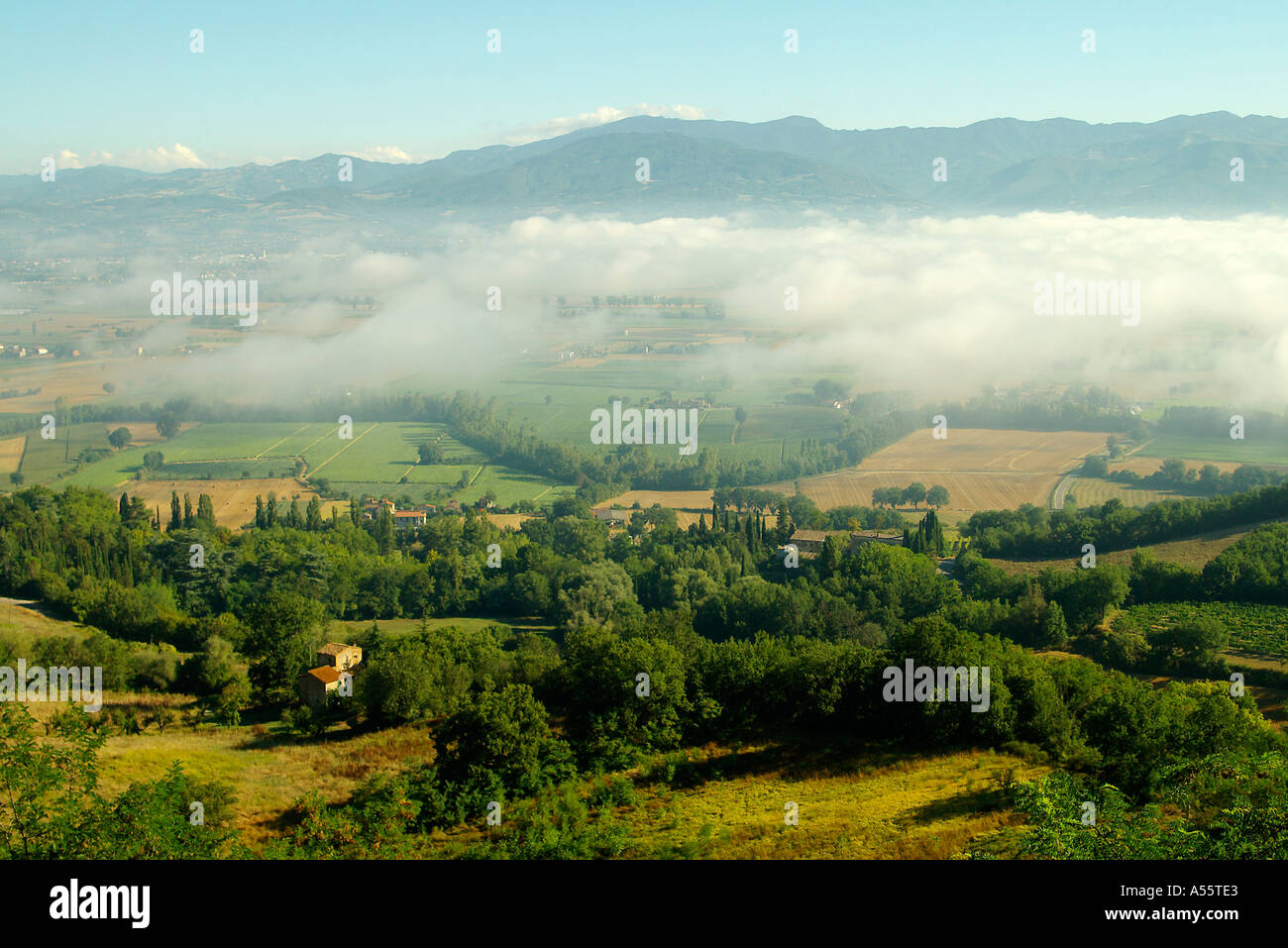 L'Alta Valle del Tevere con early MORNING MIST Foto Stock