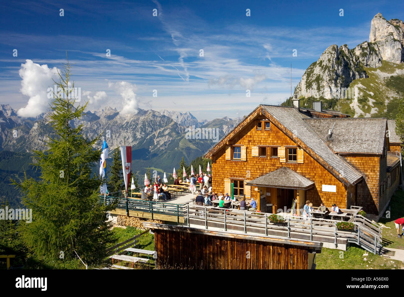 Vista da montagne Rofan sui monti Karwendel e Erfurter Hütte Alpi Austria Foto Stock