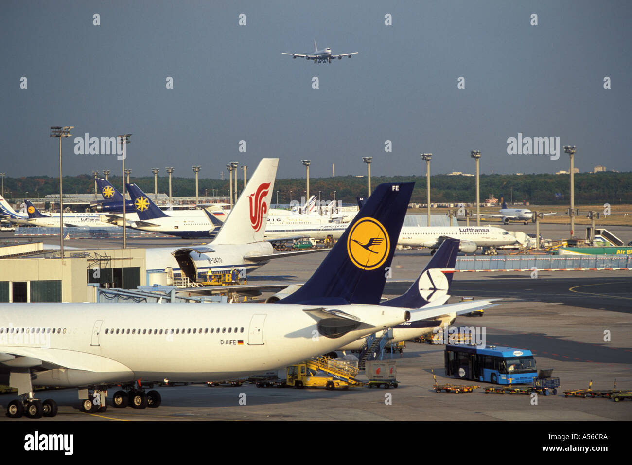 Aeroporto , vari getti passeggero (Lufthansa, Varig) sulla posizione di parcheggio , sfondo jumbo jet in situazione di atterraggio Foto Stock