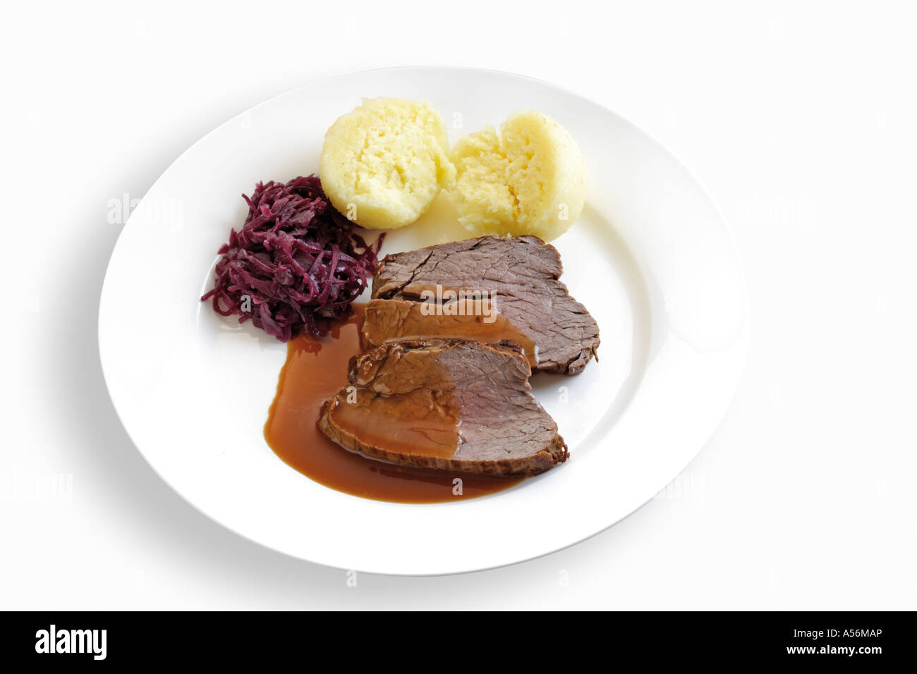 Roast beaf con contorni, vista in elevazione Foto Stock