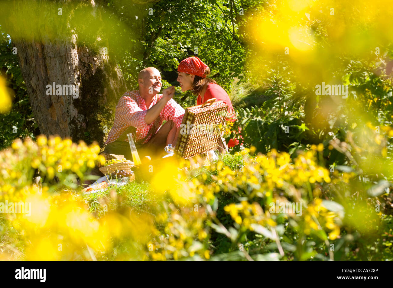 Giovane avente picnic sotto agli alberi, uomo donna di alimentazione Foto Stock