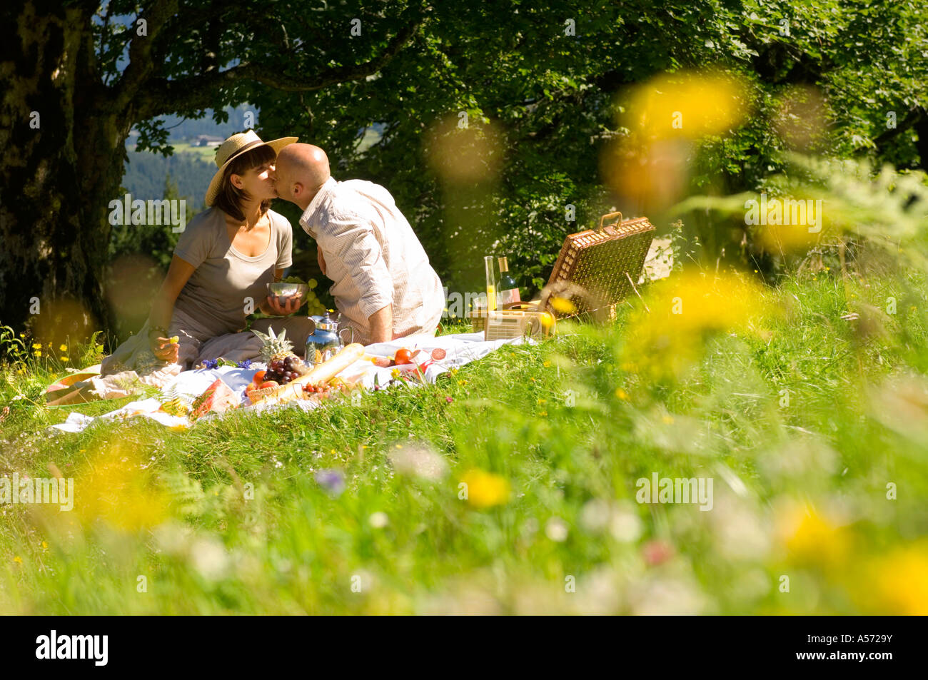Giovane avente picnic nel prato, kissing Foto Stock