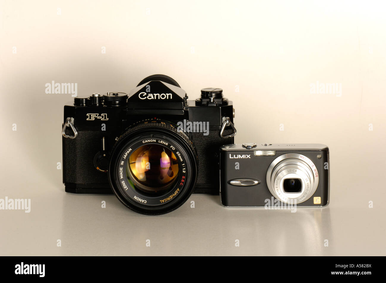 Analogico fotocamera reflex a obiettivo singolo Canon F-1 degli anni  settanta e attuale fotocamera digitale parte anteriore Foto stock - Alamy