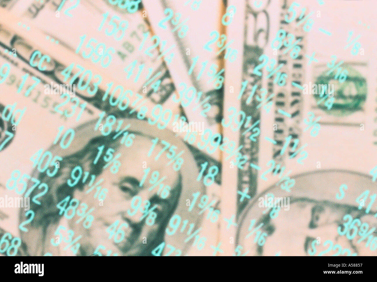 Il mercato azionario listati sovrapposto moneta americana Foto Stock