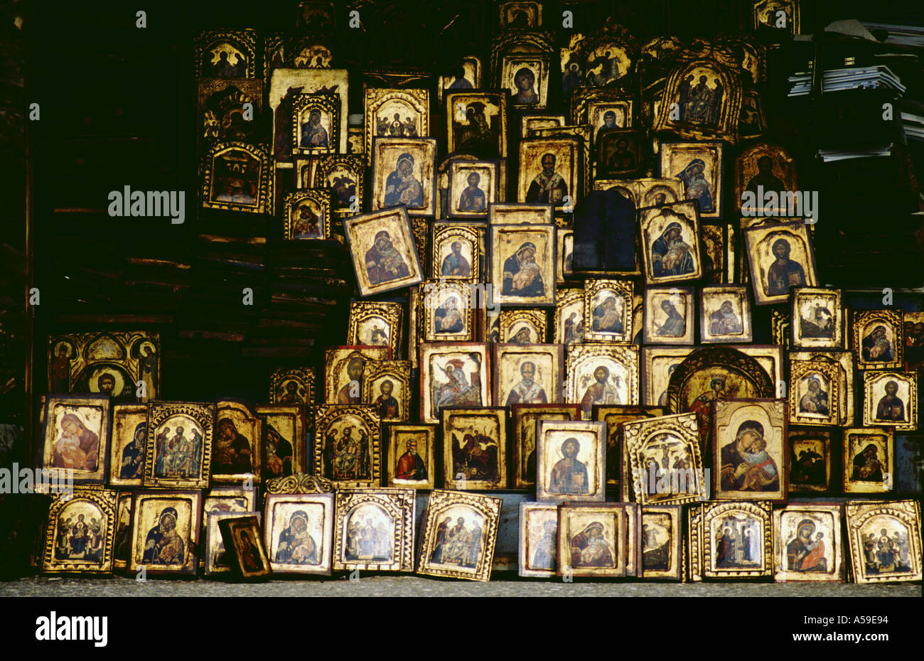 Grecia Meteora icones vendita a un monastero quadri religiosi souvenir shop Foto Stock