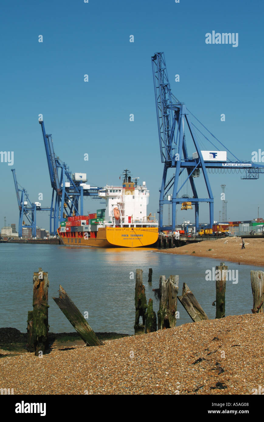 Container Port of Felixstowe River Orwell estuario gru a terra carico e scarico contenitori di spedizione da nave da carico East Anglia Suffolk Inghilterra UK Foto Stock