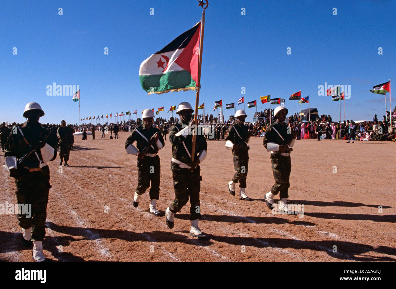Soldati che marciano in parata durante celebrazioni del giorno dell'indipendenza, il Sahara occidentale Foto Stock