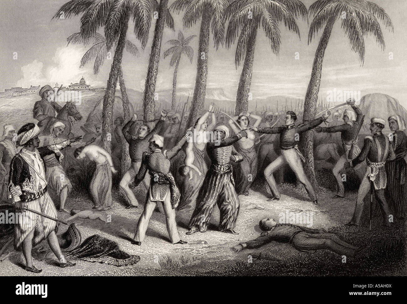 Massacro di ufficiali inglesi e loro mogli a Jhansi nel 1857. Dalla Storia del Mutinismo indiano, pubblicato nel 1858. Foto Stock
