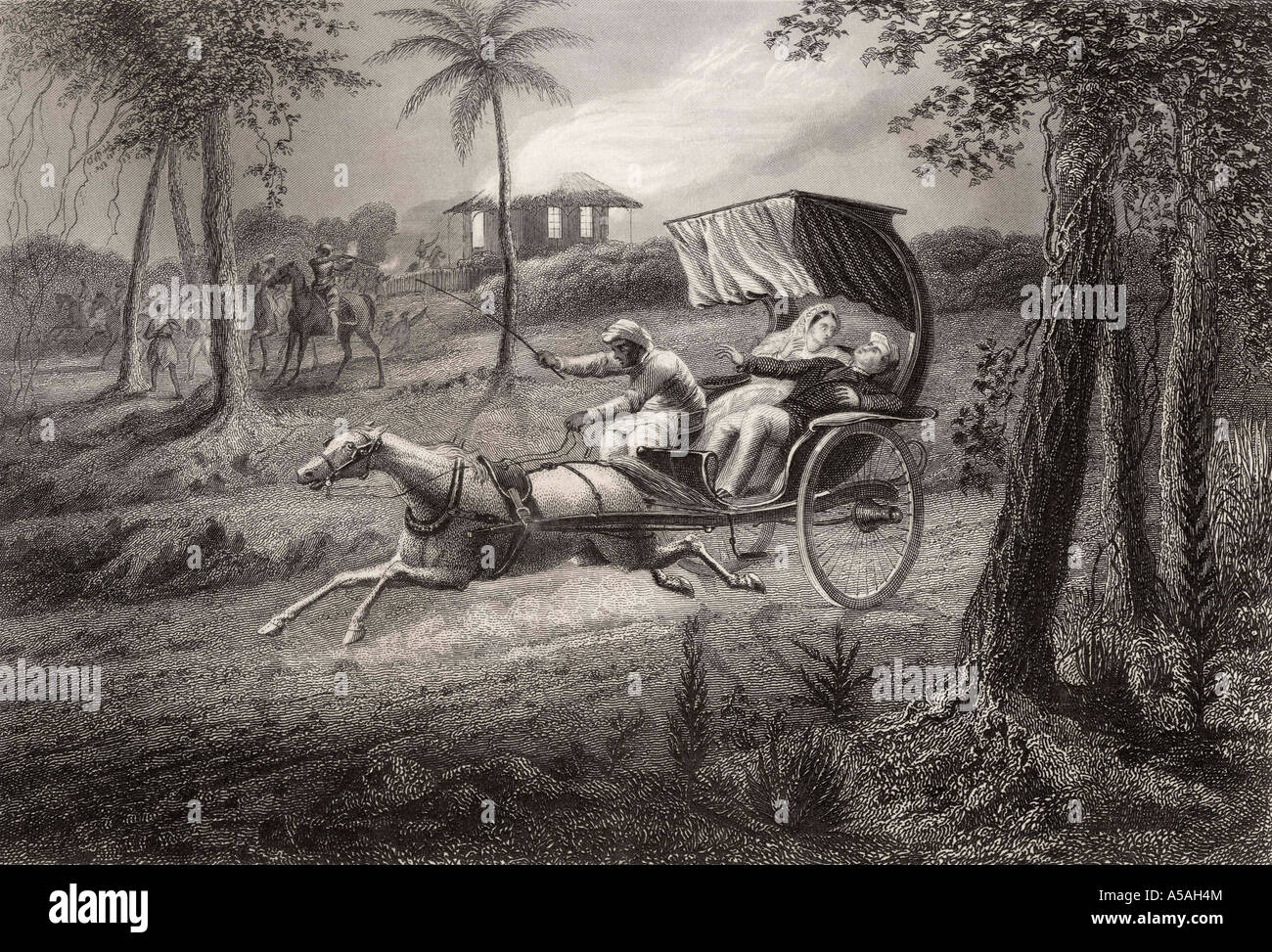 Dr Graham girato nel suo buggy con i rivoltosi Sealkote, 1857. Dalla storia della Indian Mutiny pubblicato 1858 Foto Stock