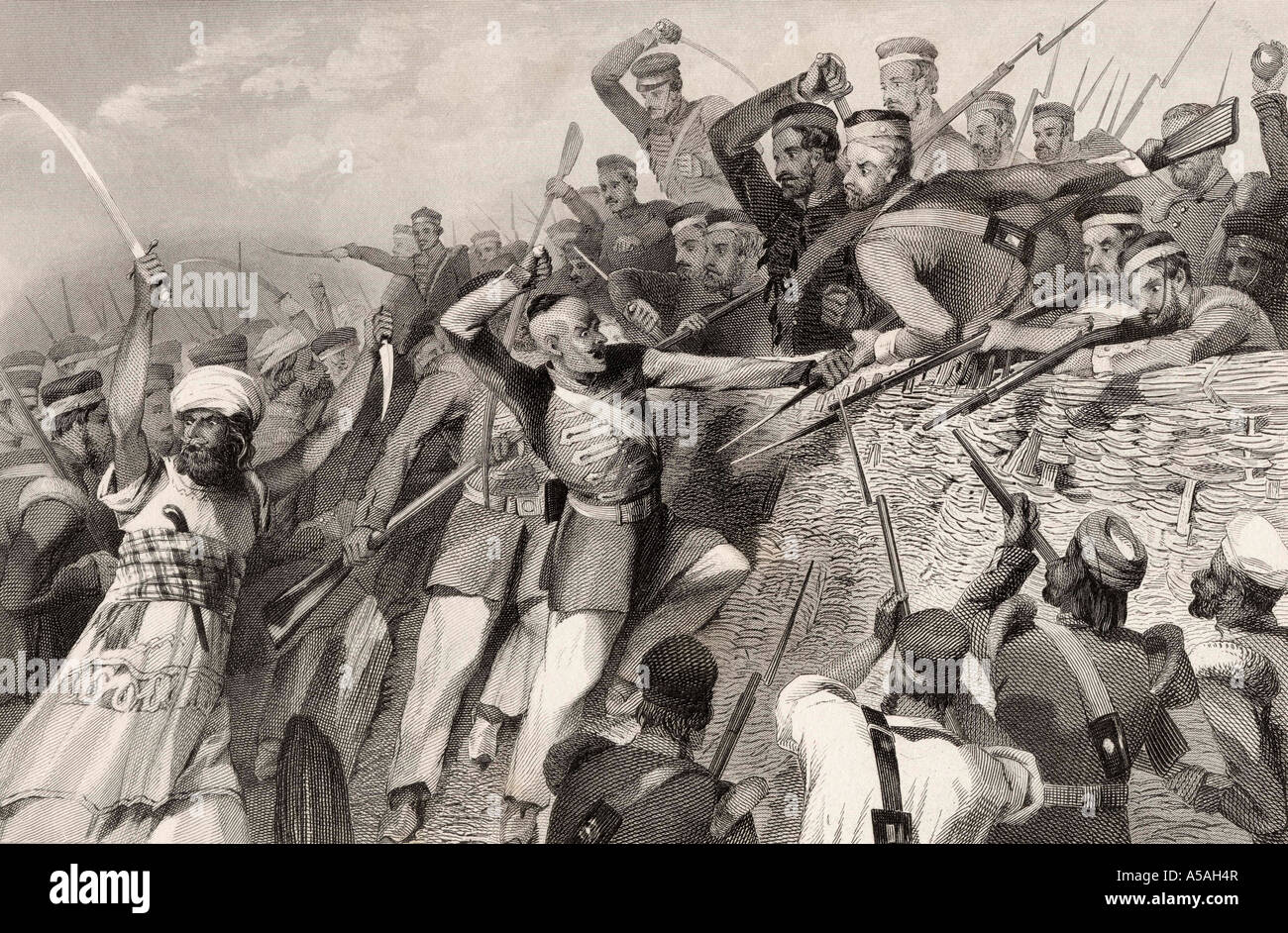 Attacco dei mutineer alla batteria Redan a Lucknow, 30 luglio 1857. Dalla Storia del Mutinismo indiano pubblicato 1858 Foto Stock