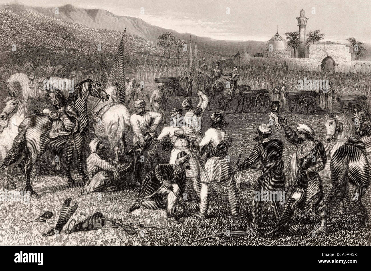 Disarmare l'undicesima Cavalleria irregolare a Berhampore,1857. Dalla Storia del Mutinismo indiano, pubblicato nel 1858. Foto Stock